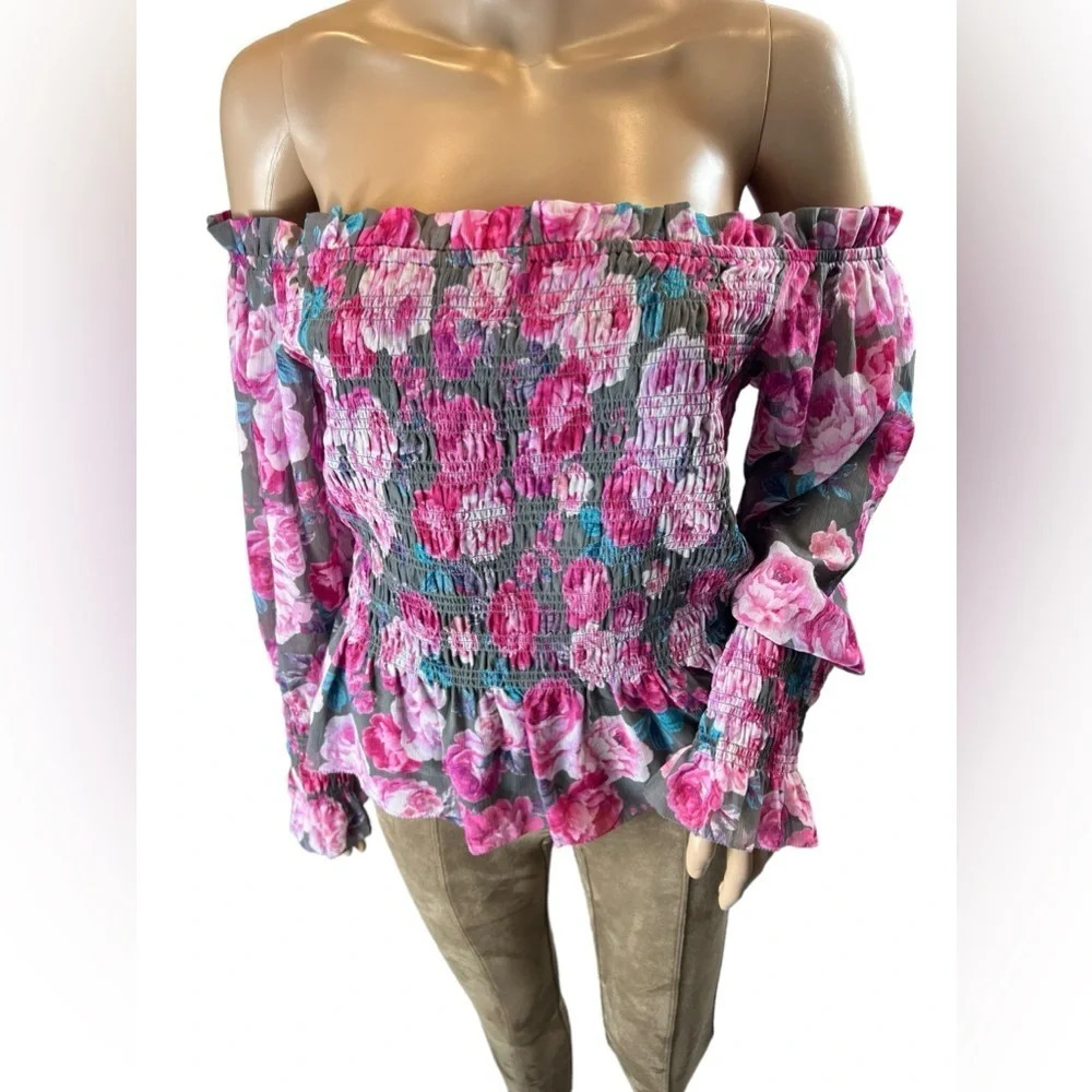 Torrid Crinkle Floral Chiffon Smocked Ruffle Off Shoulder Crop Top Blouse Size 1 - Picture 4 of 14